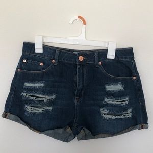 Dark washed distressed denim shorts - Juniors
